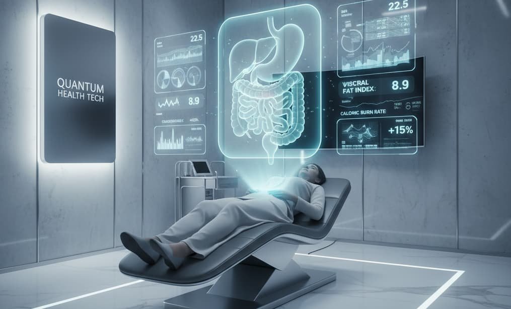 Digital visualization of metabolic health and abdominal fat reduction in a clean futuristic medical environment