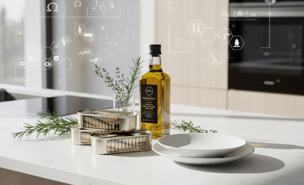 Premium sardine-based meal setup with clean minimal design and modern wellness lighting