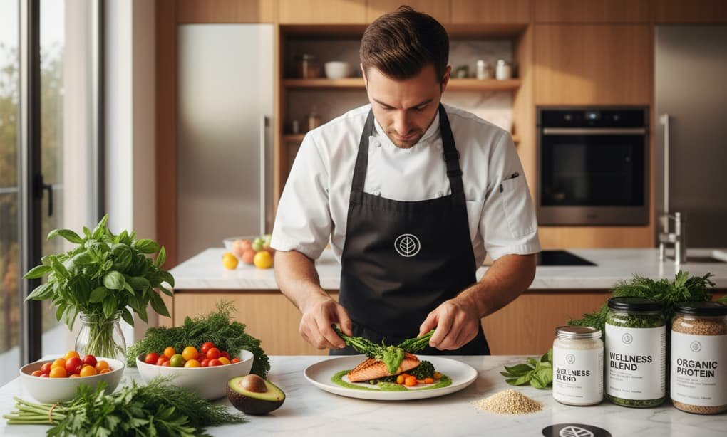 Healthy plated protein with green vegetables and fresh herbs in a modern minimalist kitchen environment