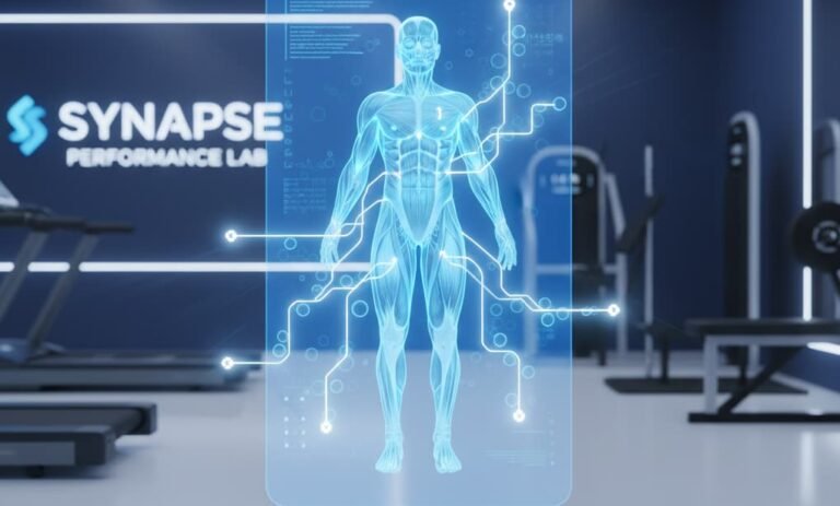 Futuristic visualization of muscle activation and metabolic signaling inside a clean high-performance wellness environment