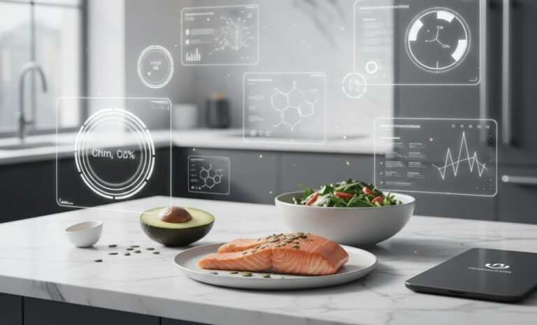 Futuristic metabolic health environment with clean ketogenic nutrition visuals and digital hormone overlays